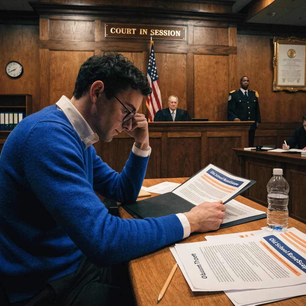 A courtroom scene showing Andrew Lakeman convicted for digital theft in Old School RuneScape, highlighting online gaming account security and digital crime.