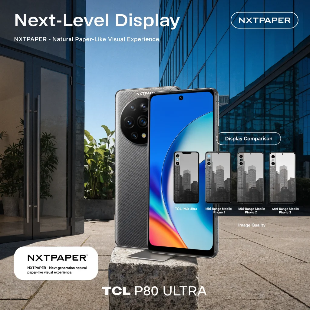 A realistic photo of the TCL P80 Ultra smartphone showcasing its innovative NXTPAPER display technology in a mid-range mobile phone comparison.