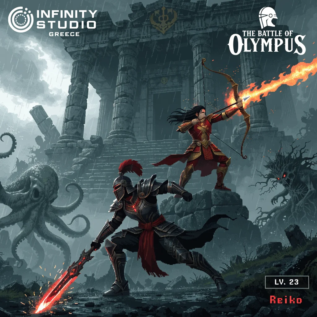 A pixel art action RPG screenshot from the The Battle of Olympus remake by Infinity Studio Greece, featuring Greek mythology and characters Reiko and Yukio Horimoto.