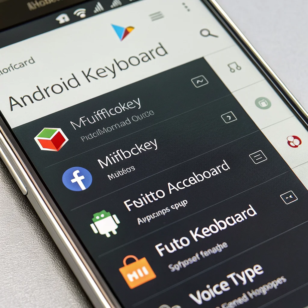 A close-up photo of a smartphone screen showing various Android keyboard apps like Microsoft SwiftKey and FUTO Keyboard with multilingual and voice input features.