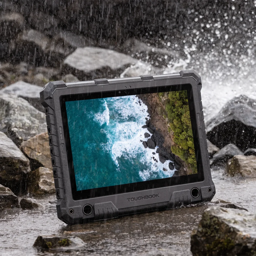 A Panasonic Toughbook laptop in a rugged outdoor environment, showcasing its MIL-STD-810H and IP66 durability features, ideal for military and construction use.