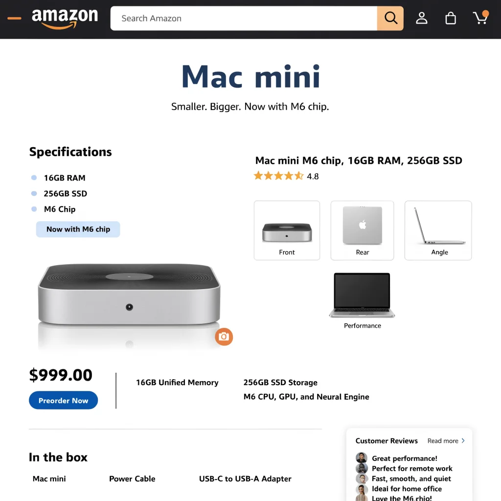 A realistic photo of a sleek Mac mini with M6 chip, 16GB RAM, 256GB storage displayed on Amazon's website with a visible price and preorder button.