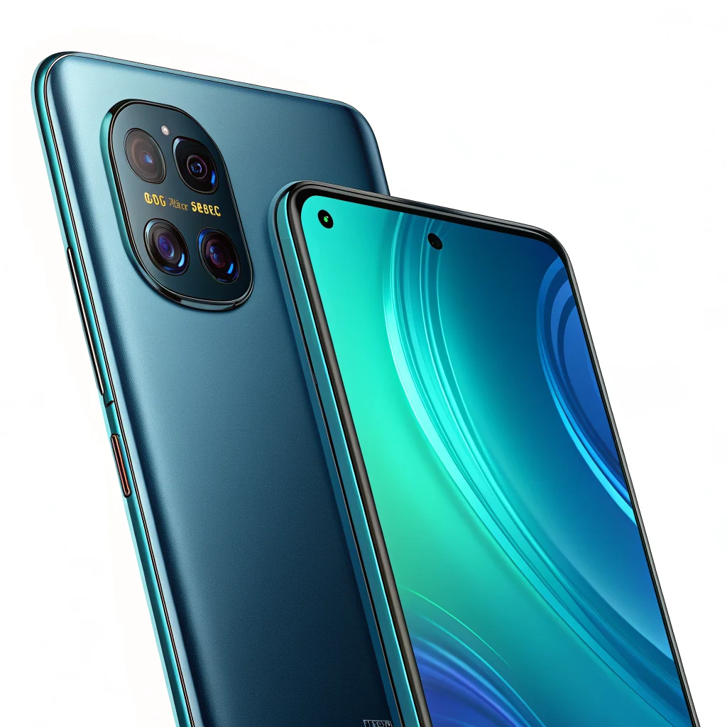 A realistic photo of the Poco F9 Pro smartphone showcasing its sleek design, highlighting the 200MP camera and emphasizing its gaming performance features.