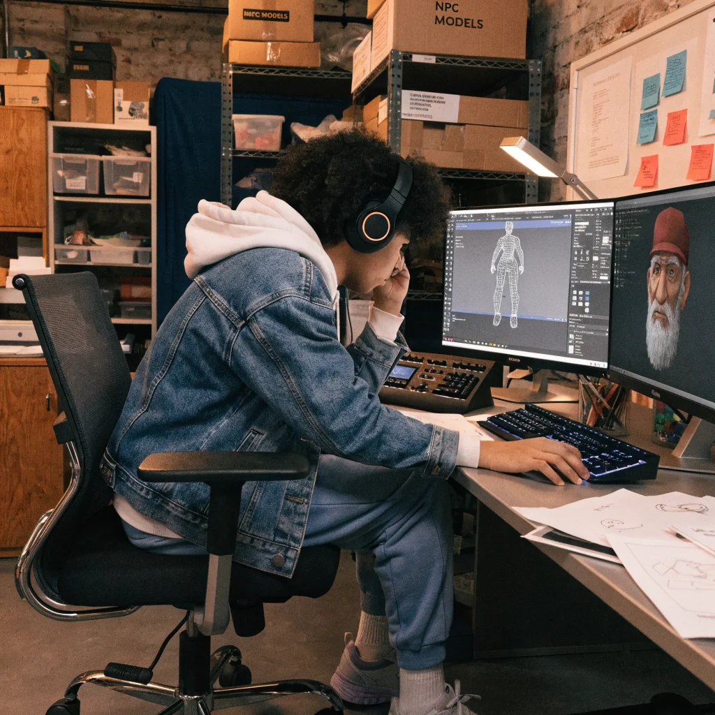 A realistic photo of a video game developer crafting detailed character models for 1,000 handcrafted NPCs in an immersive RPG world.