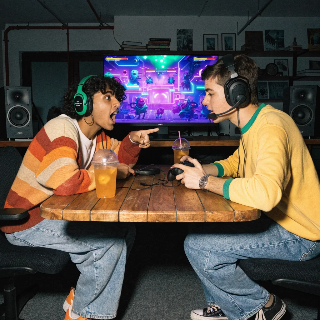 A realistic photo of two friends collaborating intensely while playing a challenging cooperative 2D sci-fi platformer game on their computer.