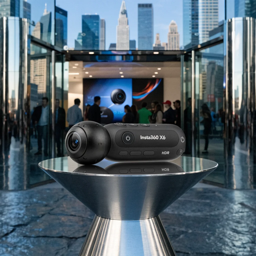 A sleek Insta360 X6 360-degree camera showcased at a New York product launch event highlighting innovative high-resolution video technology.