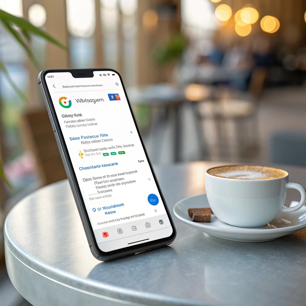 A realistic photo of a smartphone screen showing Google Messages app with new RCS features, including scheduled messaging and message pinning, in a European setting.