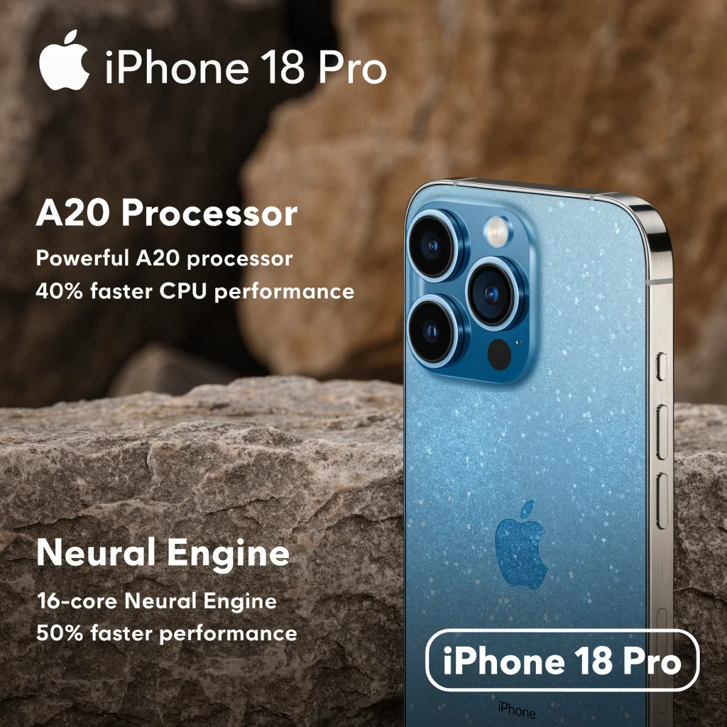 A close-up photo of the iPhone 18 Pro showcasing its sleek design with technical specs overlay highlighting the A20 processor and 16-core Neural Engine features.