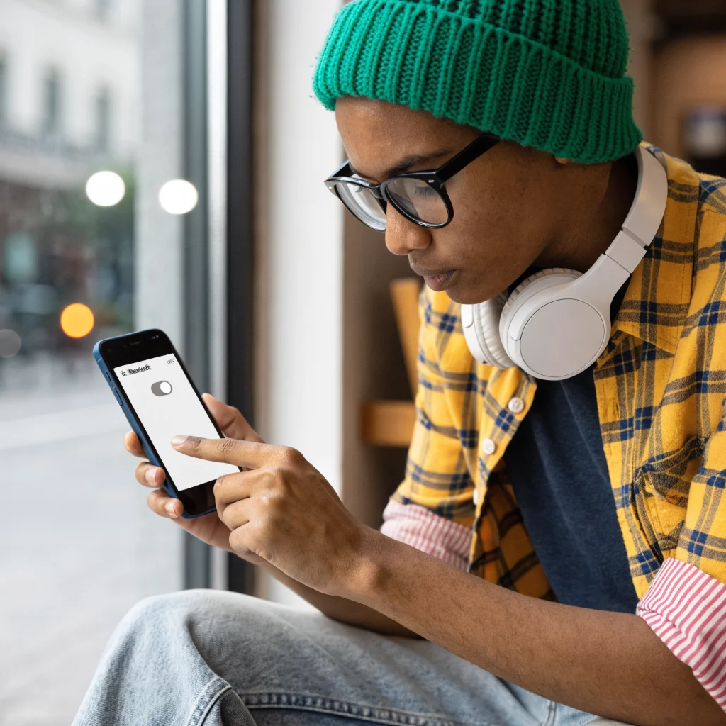 A realistic photo of a person disabling Bluetooth on their Android smartphone to protect privacy and prevent Bluetooth location tracking vulnerabilities.