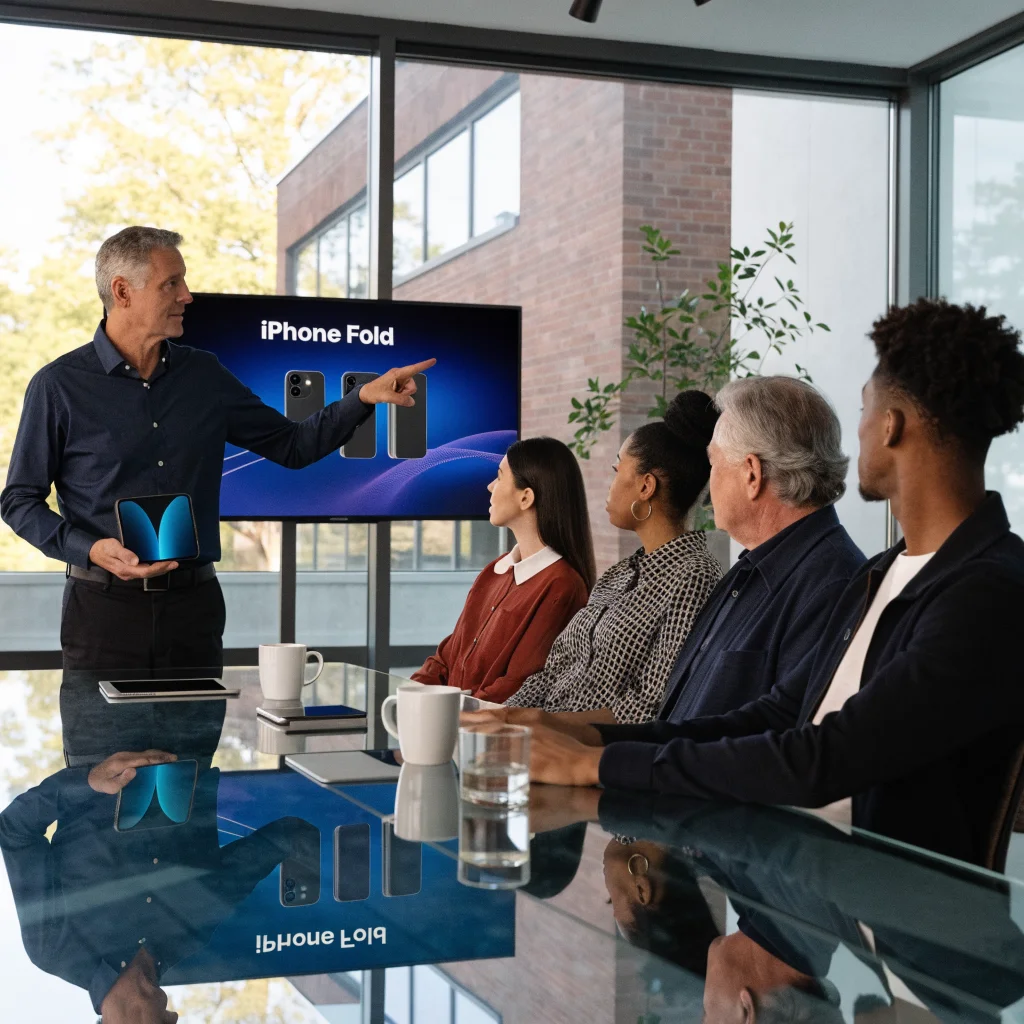 John Ternus presenting the new iPhone Fold alongside Apple's new leadership in a modern conference room setting.