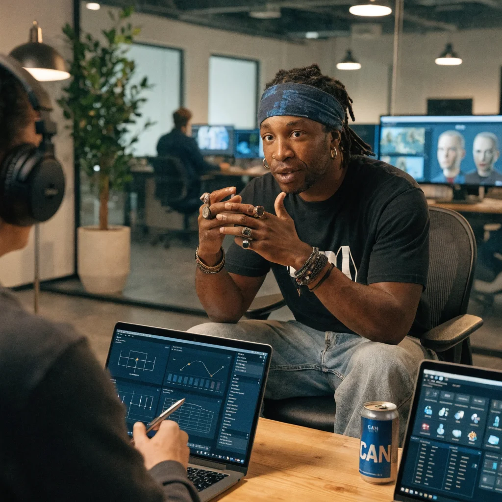 A realistic photo of Ralph Fulton discussing Fable 2027’s in-game economic system and entrepreneurship features in a modern game development studio.