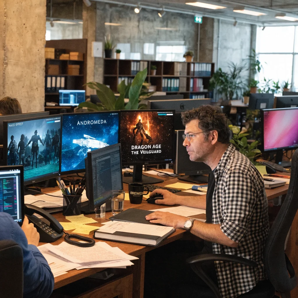 Armando Troisi working at BioWare, surrounded by screens showing Mass Effect trilogy, Andromeda, and Dragon Age The Veilguard, highlighting cinematic RPG development.