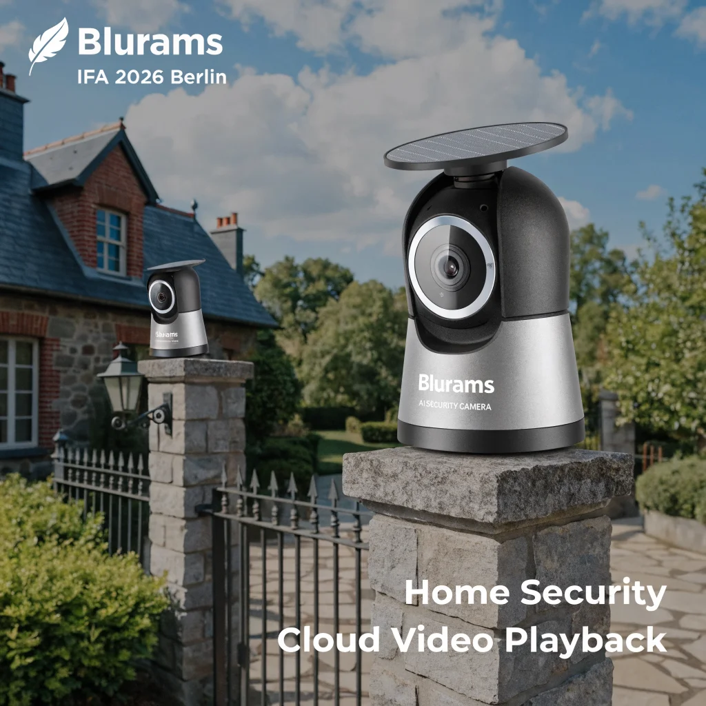 A realistic photo of Blurams' new solar-powered AI security dome cameras featured at IFA 2026 Berlin, showcasing home security and cloud video playback.