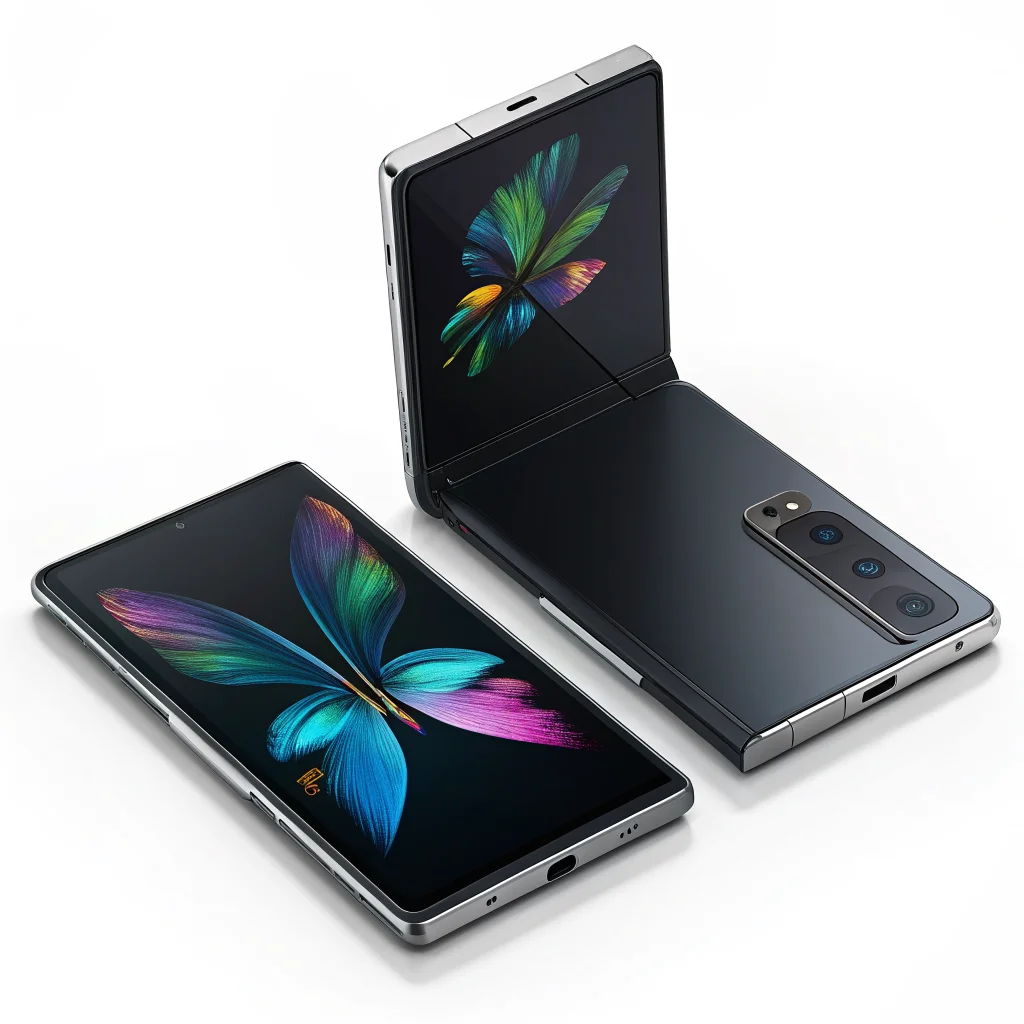 A realistic photo showing the Samsung Galaxy Z Fold 8 unfolded beside the Galaxy Z Fold 5, highlighting their foldable AMOLED screens and sleek design improvements.