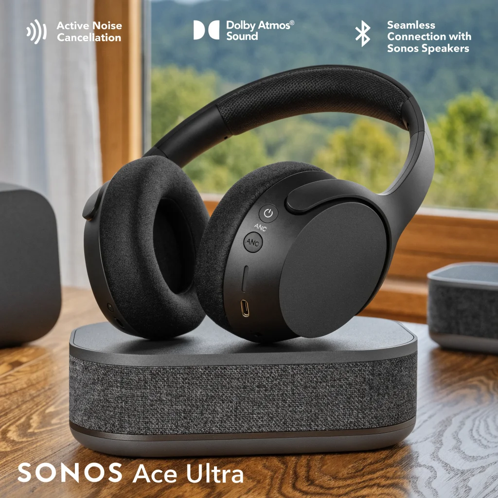 A realistic photo of Sonos Ace Ultra wireless headphones showcasing active noise cancellation, Dolby Atmos sound, and seamless connection with Sonos speakers.