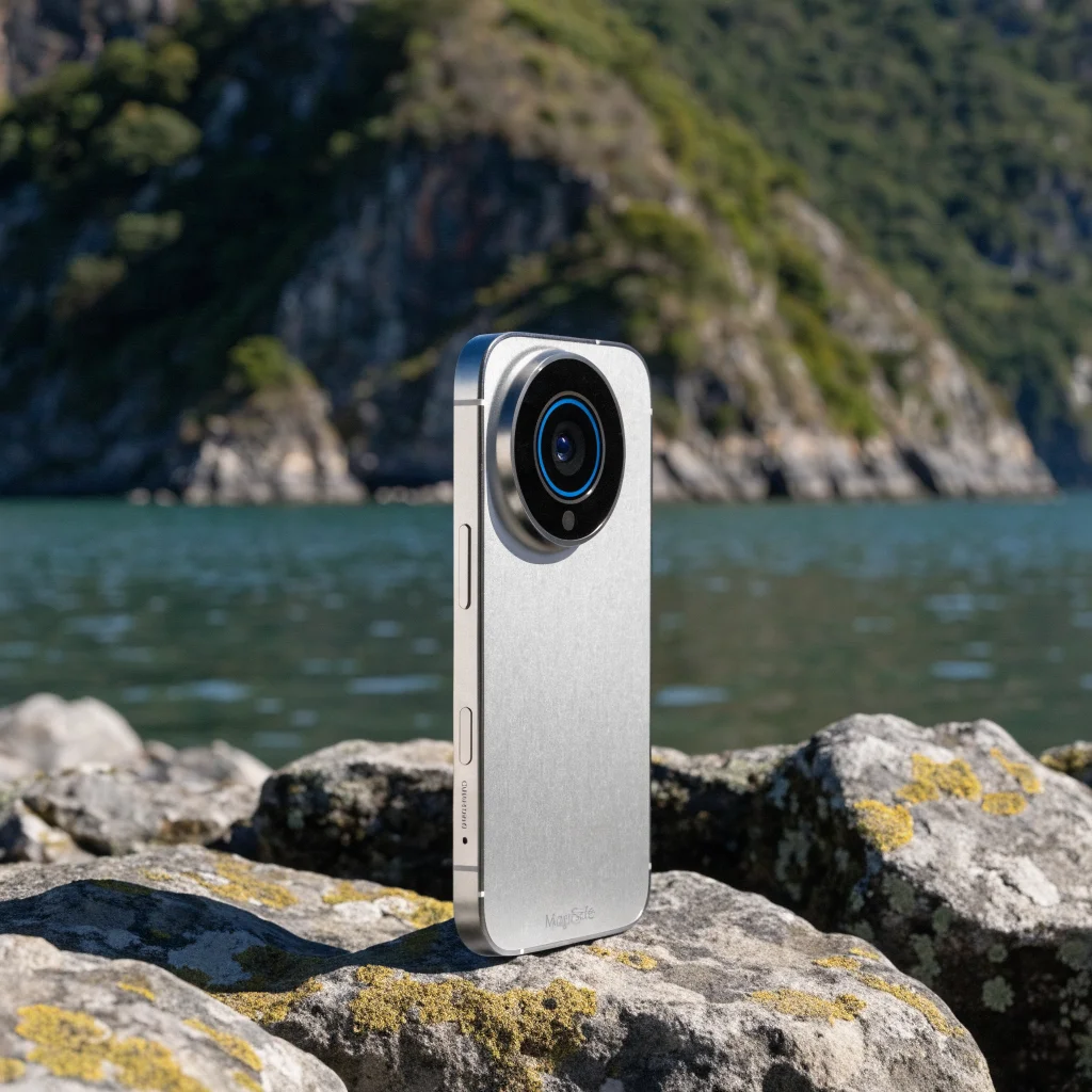 A realistic photo of the foldable iPhone Ultra featuring a telephoto lens camera, side Touch ID button, MagSafe data, and no physical SIM slot or action button.