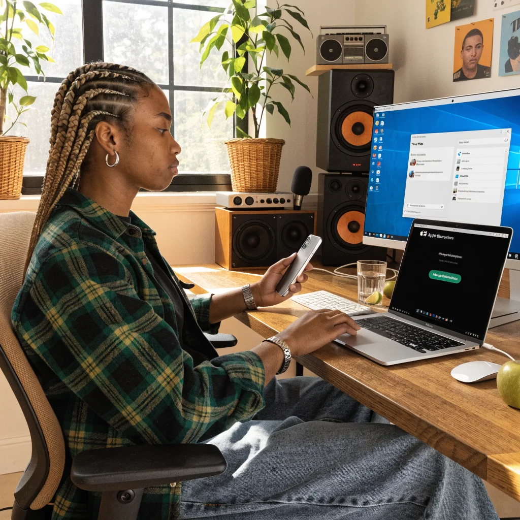 A realistic photo of a person using a modern Mac and Windows computer to manage Apple Music subscriptions and sync devices, illustrating iTunes evolution.