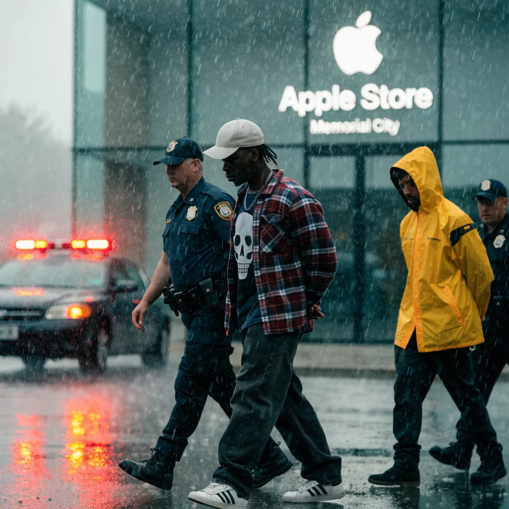 A realistic photo of two suspects being escorted by police near the Apple Store Memorial City on September 6, 2026, related to forgery fraud charges.