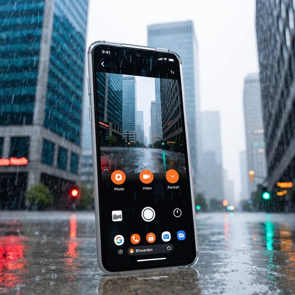 A realistic photo of a Pixel Android phone displaying a camera app and Action Notch productivity app enhancing the notch, alongside Bitwarden and Ente Auth icons.