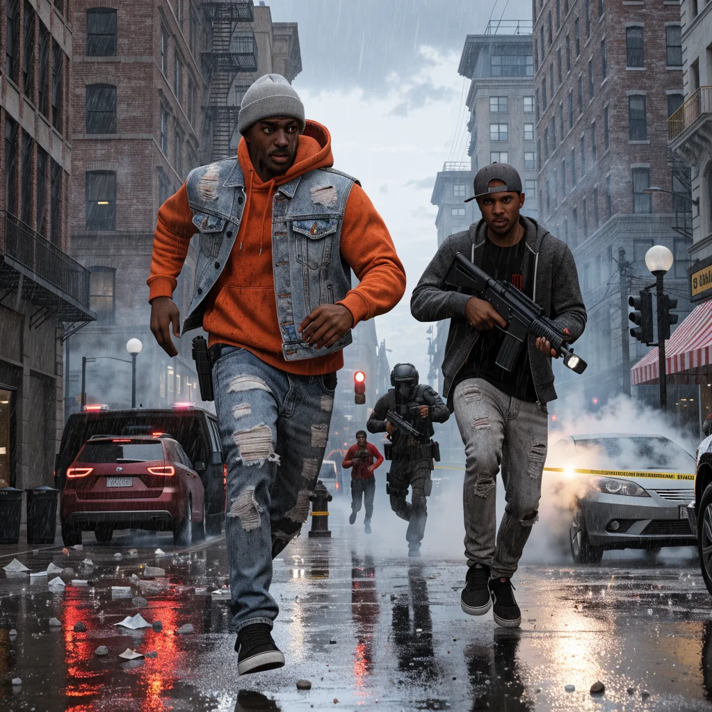 A realistic photo of a detailed GTA 6 urban street scene with advanced NPCs reacting dynamically to various hidden and visible weapons during gameplay in 2026.