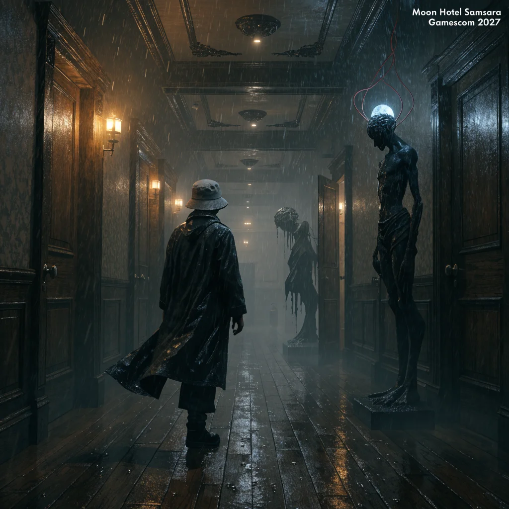 A dark, atmospheric hotel corridor from Moon Hotel Samsara, with a player facing eerie, philosophical horror themes at Gamescom 2027.