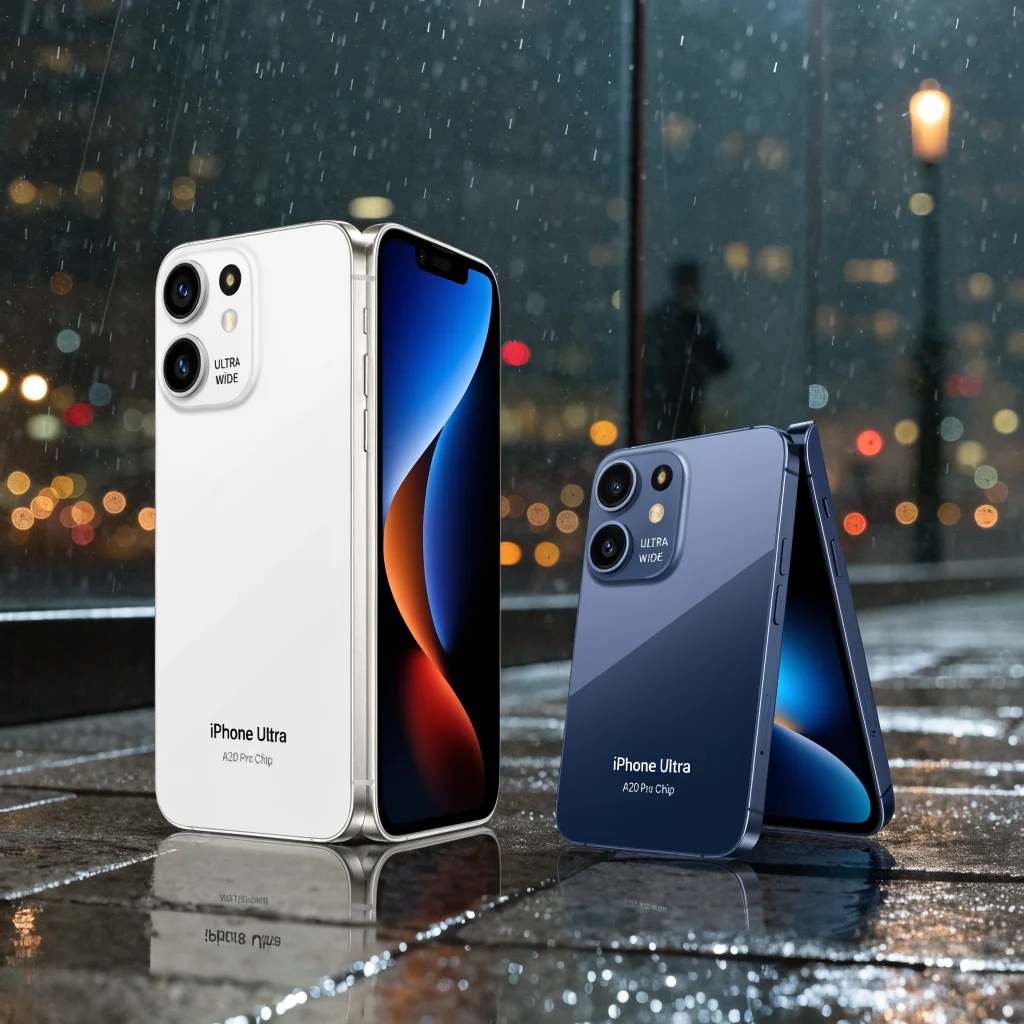 A realistic photo of the foldable iPhone Ultra in white and dark blue, featuring side button Touch ID, MagSafe charging, dual wide and ultra-wide cameras, and Apple A20 Pro chip.