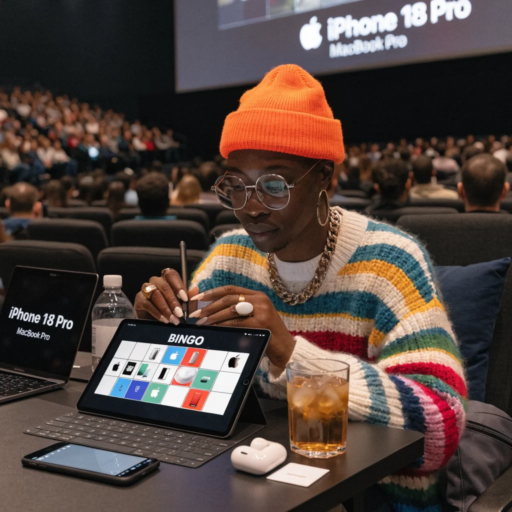 A realistic photo of a person playing an Apple-themed Bingo game on an iPad Pro during the iPhone 18 Pro and MacBook Pro keynote presentation, surrounded by Apple devices.