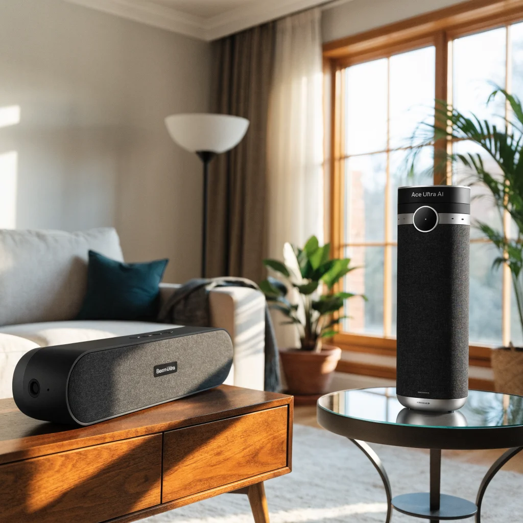 A realistic photo of Sonos Beam Ultra and Ace Ultra AI speakers showcasing advanced sound technology in a modern living room setting.
