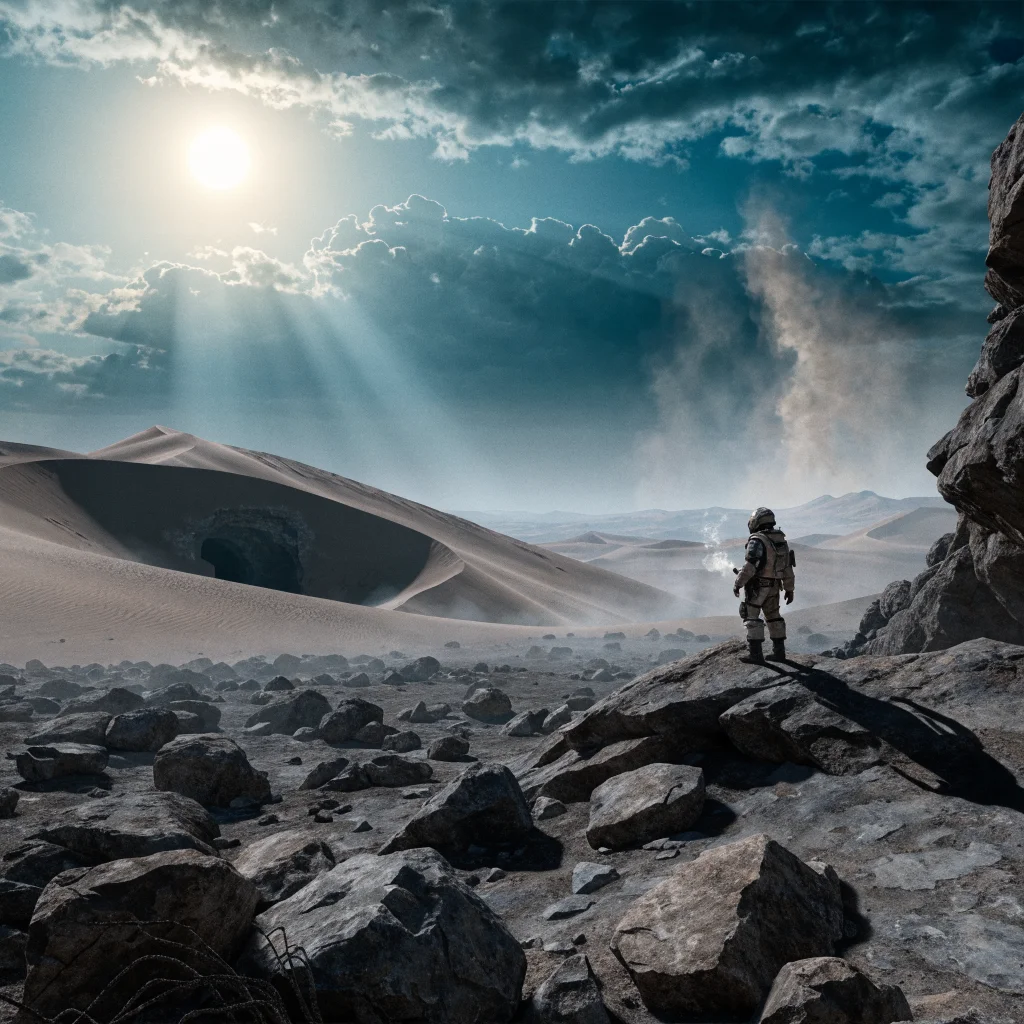 A lone player exploring the vast desert of Arrakis in a realistic open-world survival MMO inspired by Frank Herbert’s Dune and The Last of Us.