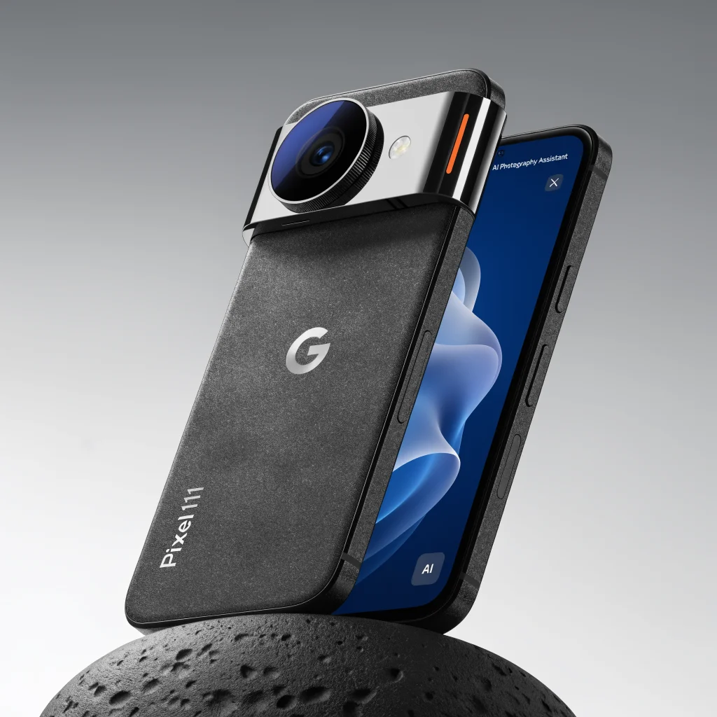 A close-up photo of the Google Pixel 11 smartphone highlighting its advanced camera lens and AI features against a minimalistic background.