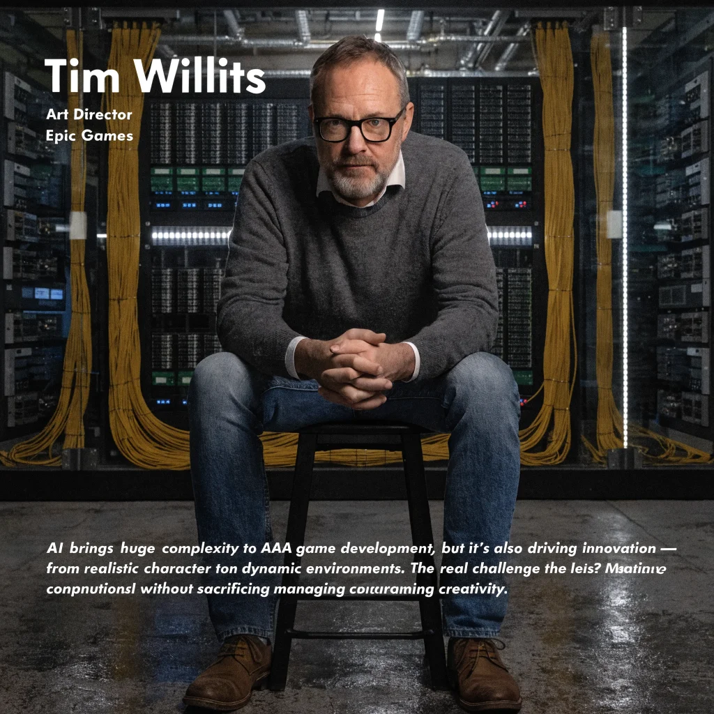 A portrait of Tim Willits discussing AI challenges in AAA game development with servers and data centers in the background, symbolizing environmental impact and technology.