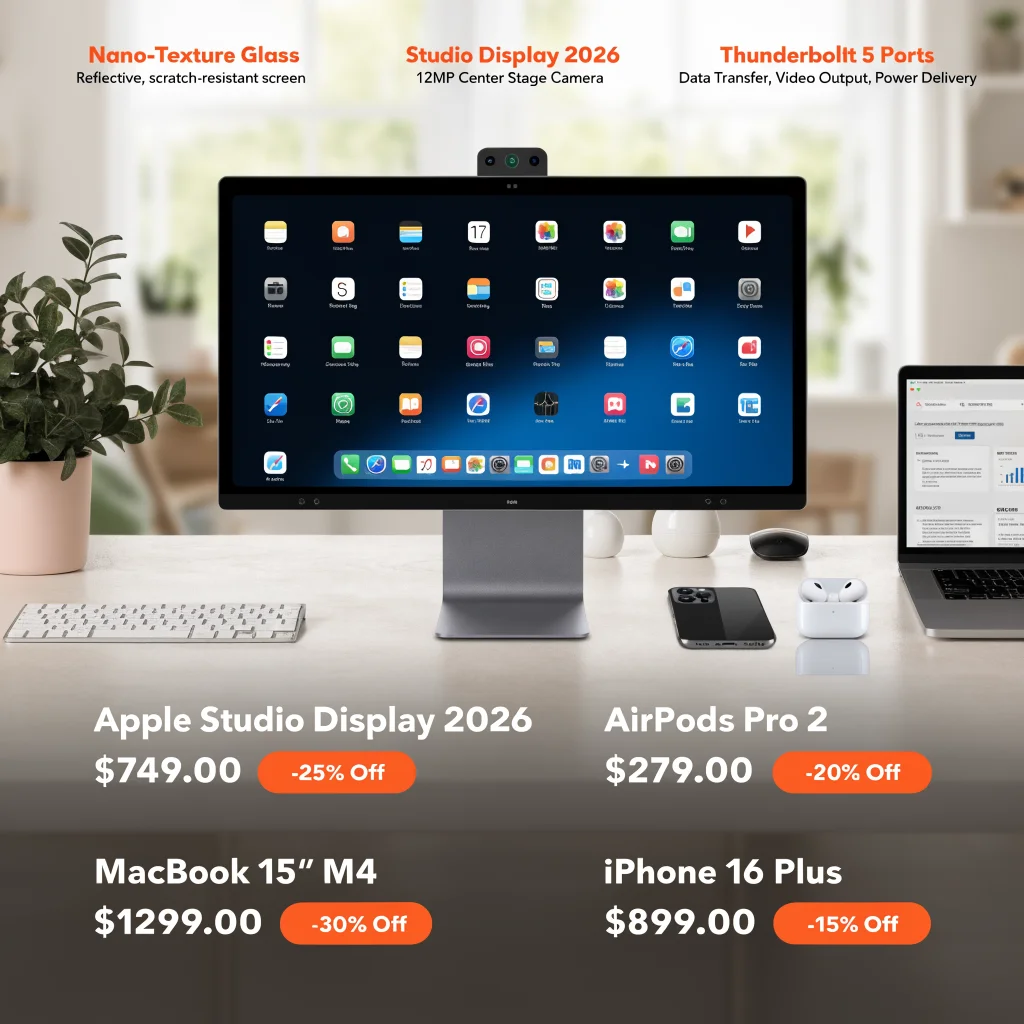 A sleek Apple Studio Display 2026 showcasing Nano-Texture Glass, Tilt-Adjustable Stand, 12MP Center Stage camera, and Thunderbolt 5 ports alongside discounted Apple products.