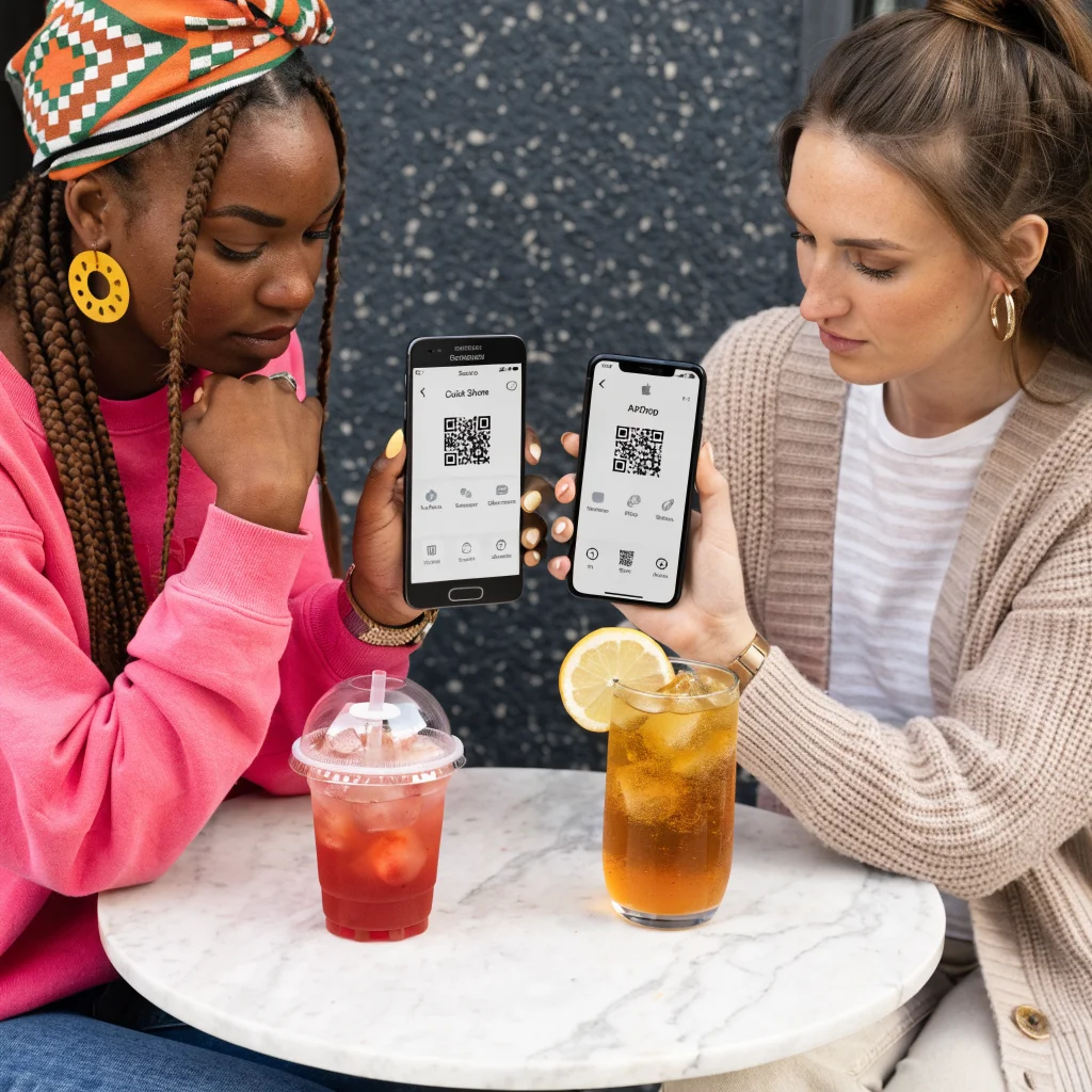 A realistic photo of an Android and iPhone side by side, exchanging high-quality images and videos via QR code and wireless sharing features like AirDrop and Quick Share.