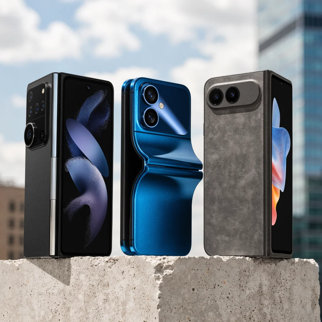 A realistic photo of the Samsung Galaxy Z Fold 8 Ultra, Motorola Razr Fold, and Google Pixel 11 Pro Fold side by side, highlighting their folding designs and cameras.
