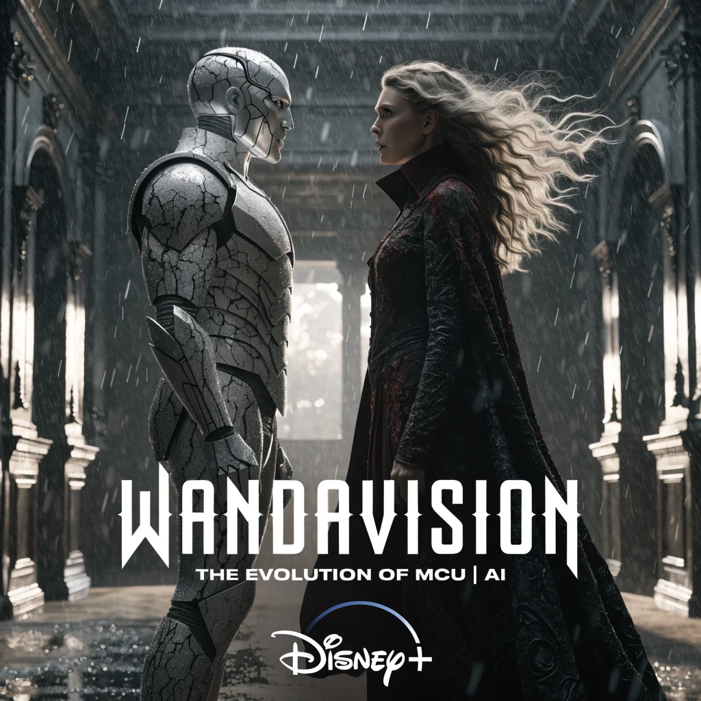 A realistic photo of White Vision facing Elizabeth Olsen's character in the WandaVision trilogy, depicting Marvel Studios' MCU evolution and AI themes on Disney Plus.