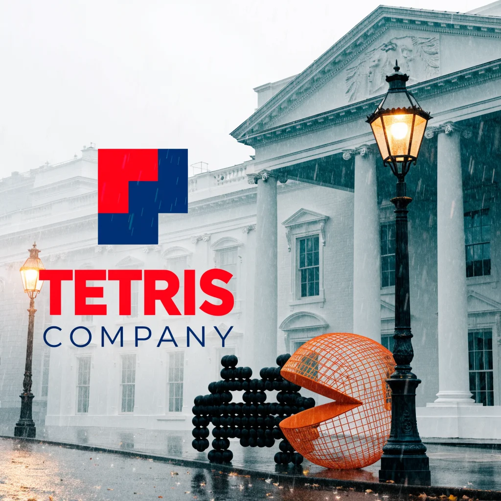 A realistic photo showing the Tetris Company logo beside images of the White House and popular video game characters, symbolizing political controversy over video game use.