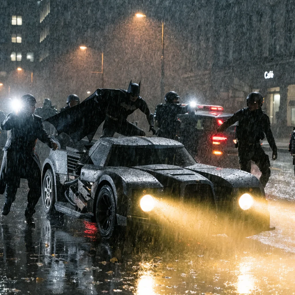 Robert Pattinson as Bruce Wayne filming intense Batman 2 fight scenes in Glasgow, featuring Batmobile clash with Gotham PD and co-stars Colin Farrell, Sebastian Stan.