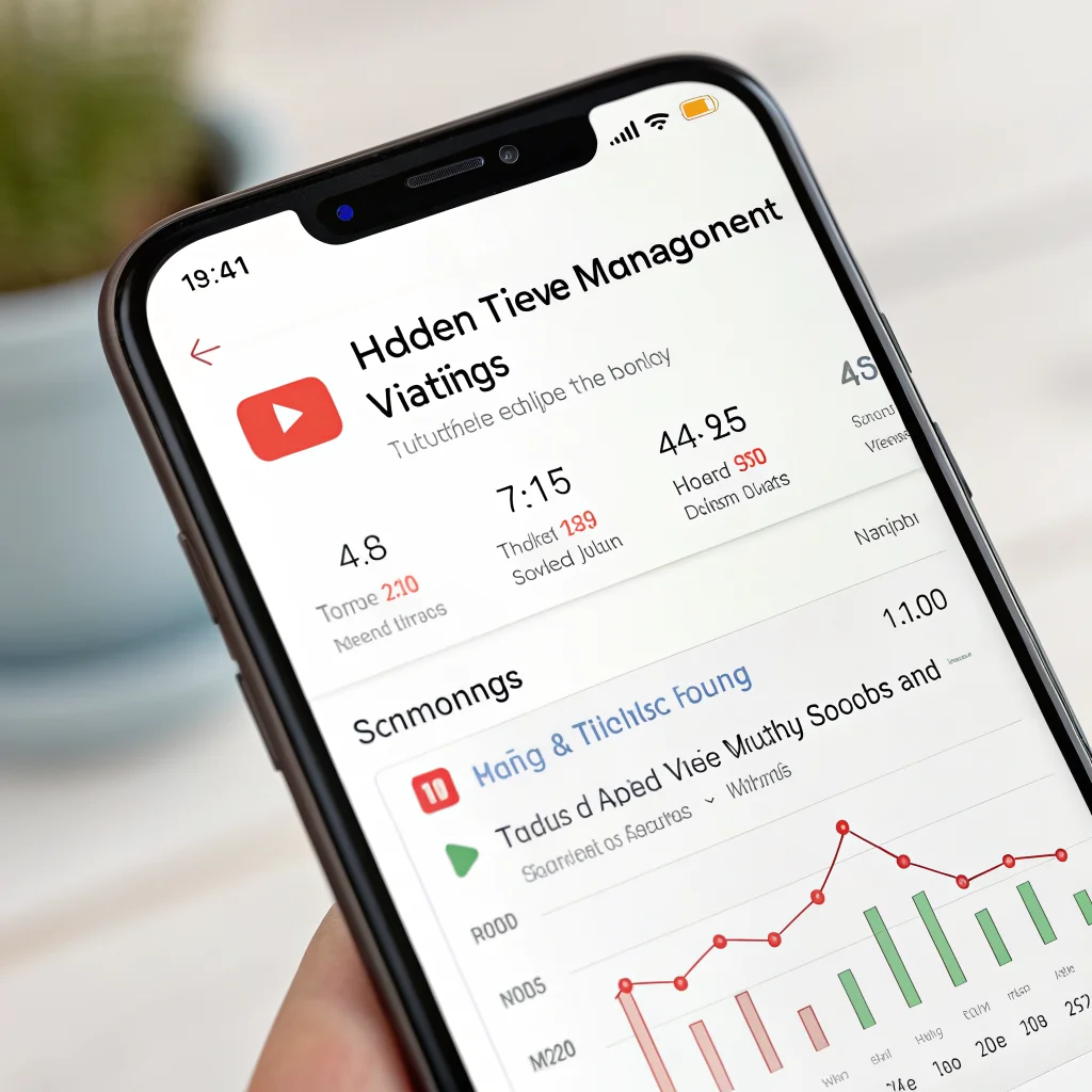 A realistic photo of a smartphone screen displaying YouTube's hidden time management settings and weekly viewing statistics to improve digital wellbeing.