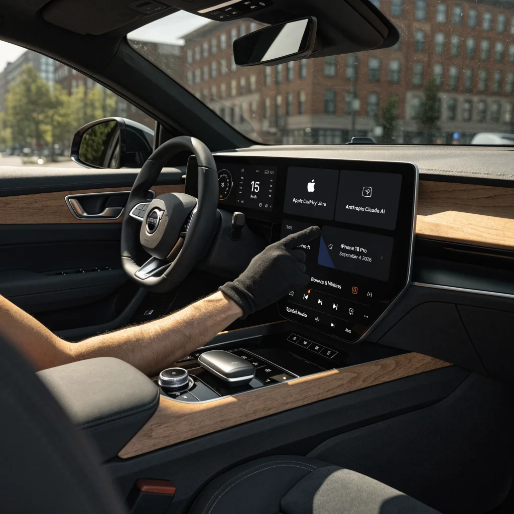 A modern Volvo EX90 interior showcasing Apple CarPlay Ultra with Anthropic Claude AI integration, spatial audio via Bowers & Wilkins system, and an iPhone 18 Pro notification dated September 4, 2026.