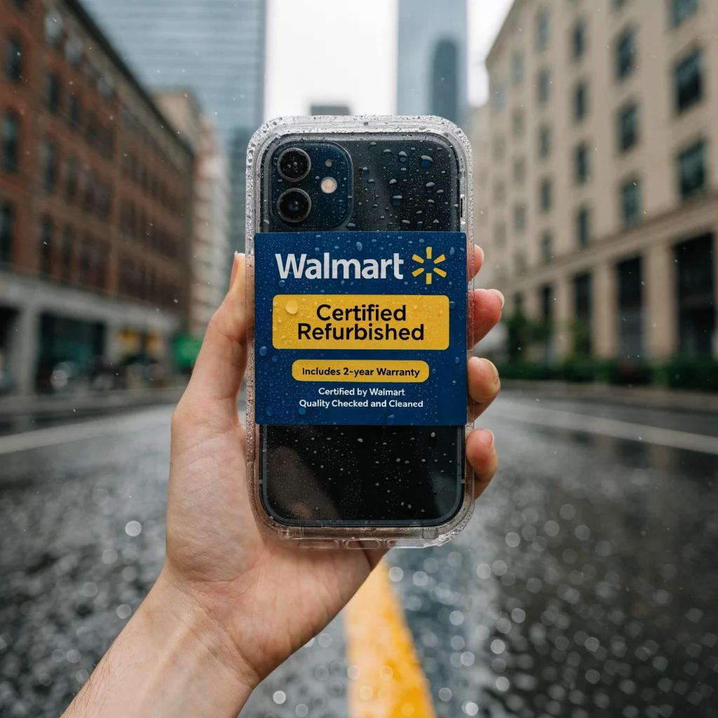 A realistic photo of a certified refurbished iPhone with Walmart branding, showing warranty details and quality assurance seals on the packaging.