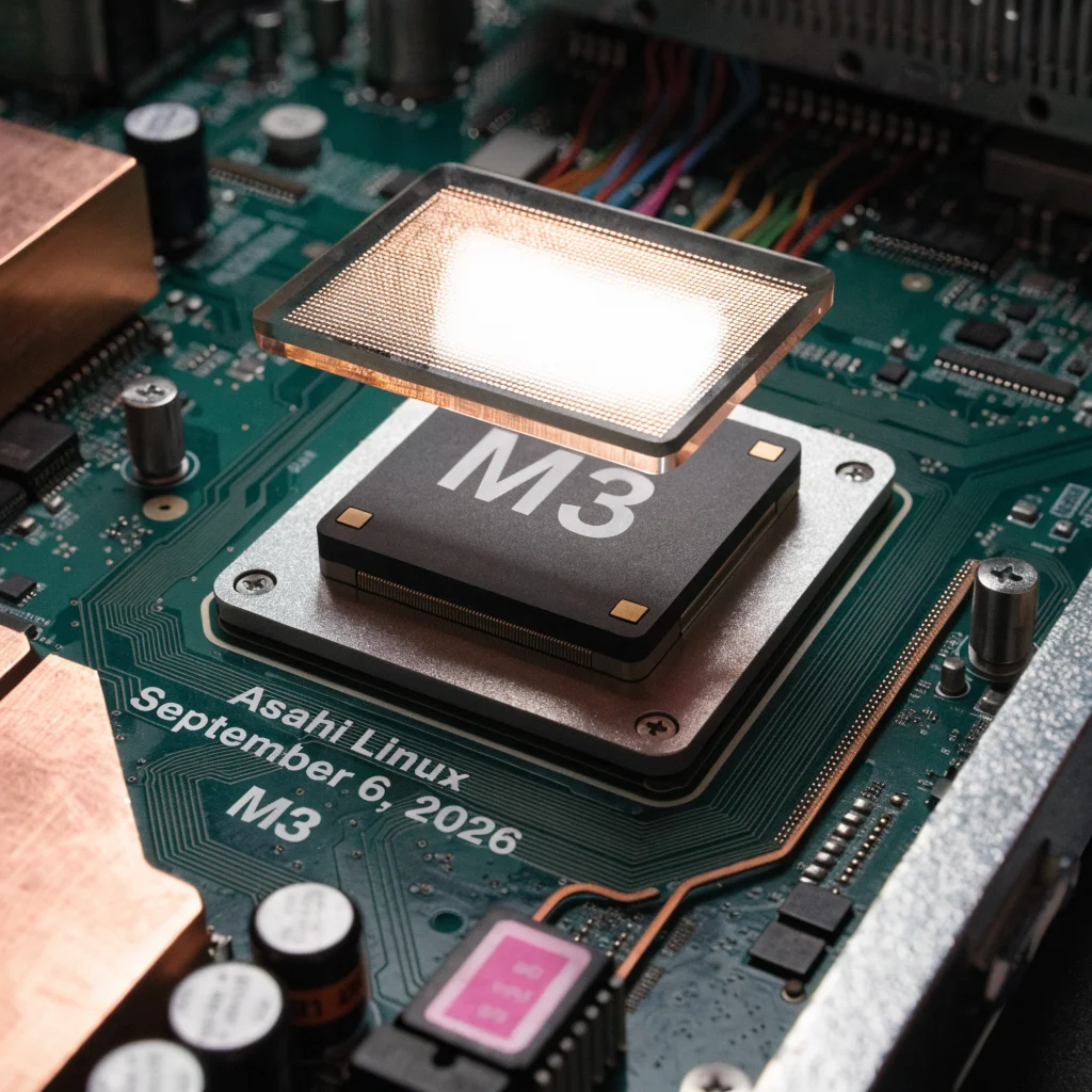 A detailed close-up photo of an Apple Silicon M3 chip installed on a modern Mac desktop motherboard highlighting the Asahi Linux compatibility update on September 6, 2026.