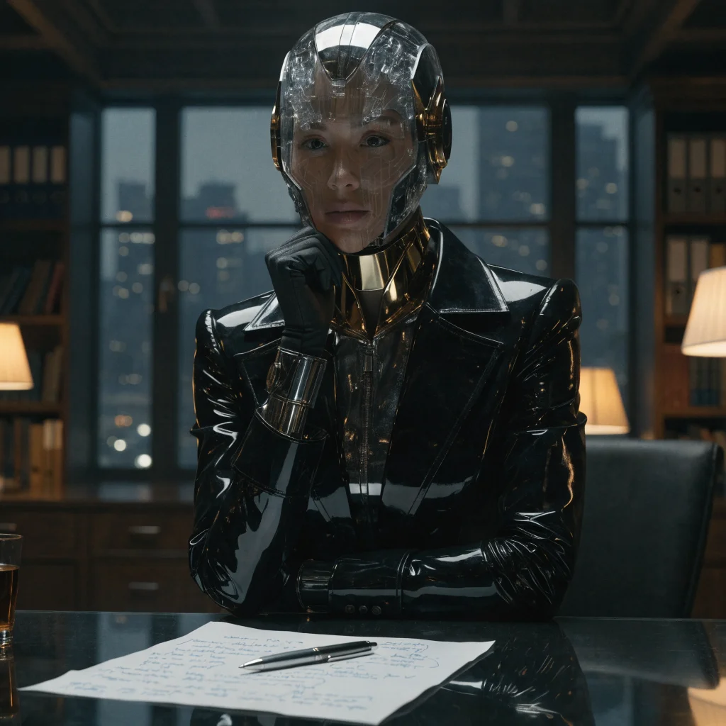 A realistic photo of a human-like AI character inspired by VisionQuest from the 2024 MCU series, with references to Tony Stark's AI assistants FRIDAY and JARVIS.