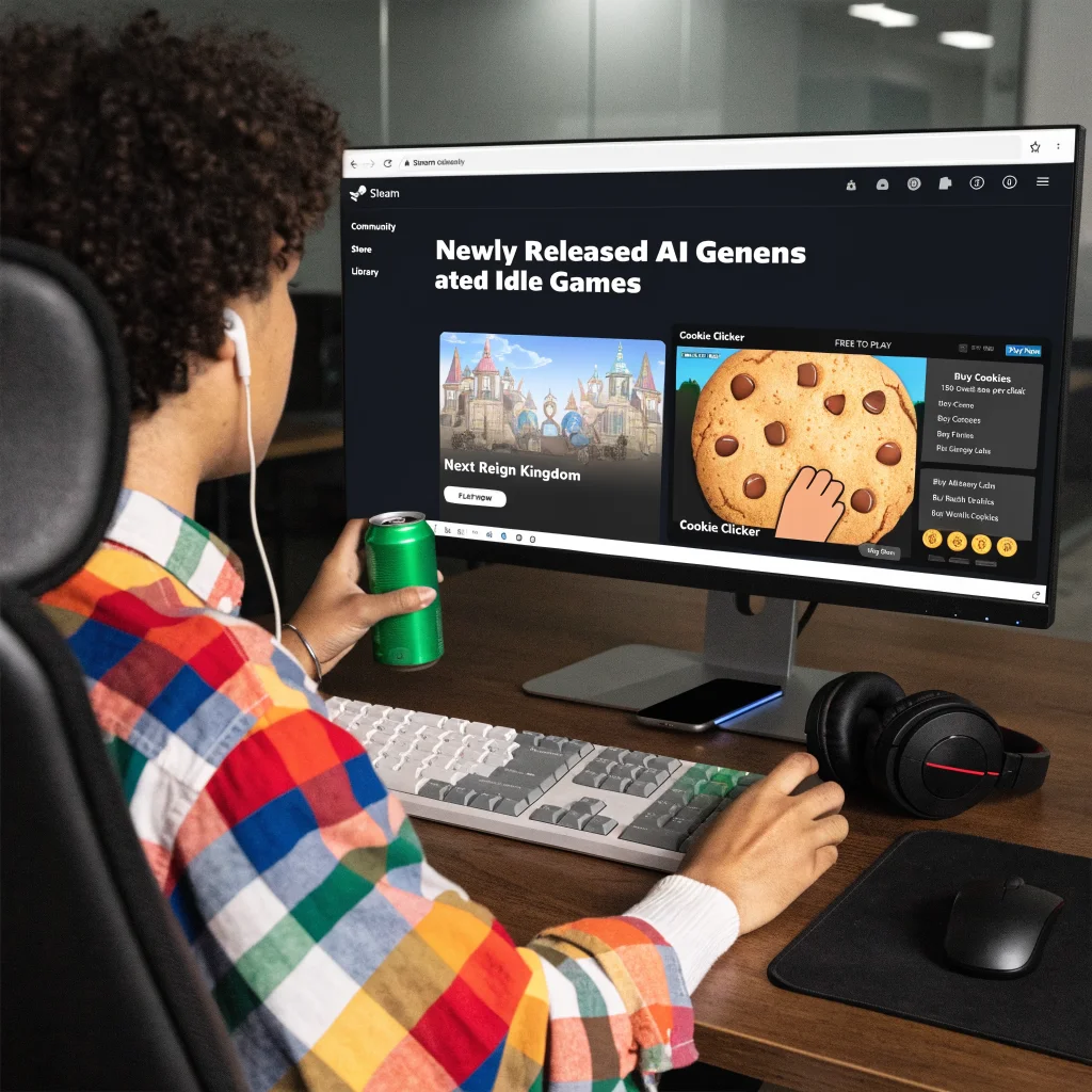 A realistic photo of a computer screen displaying newly released AI-generated idle games on Steam, including Cookie Clicker and Next Reign Kingdom, with a player interacting.