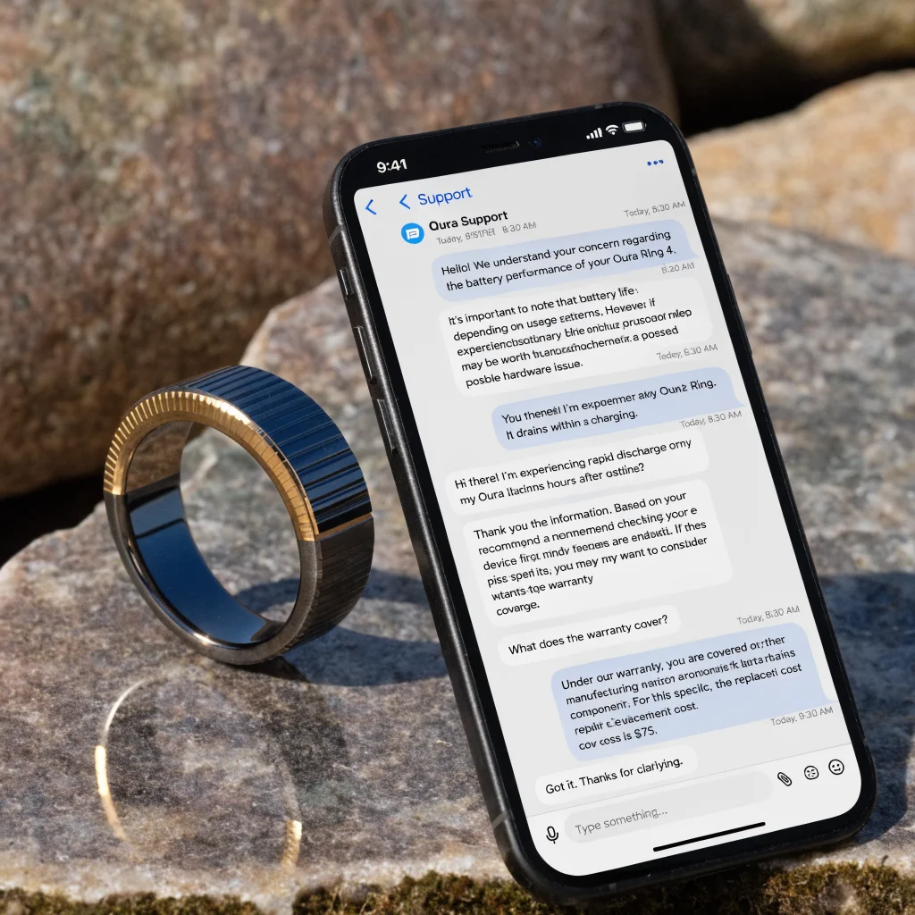 A close-up photo of an Oura Ring 4 beside a smartphone displaying customer support chat about battery issues and warranty costs.