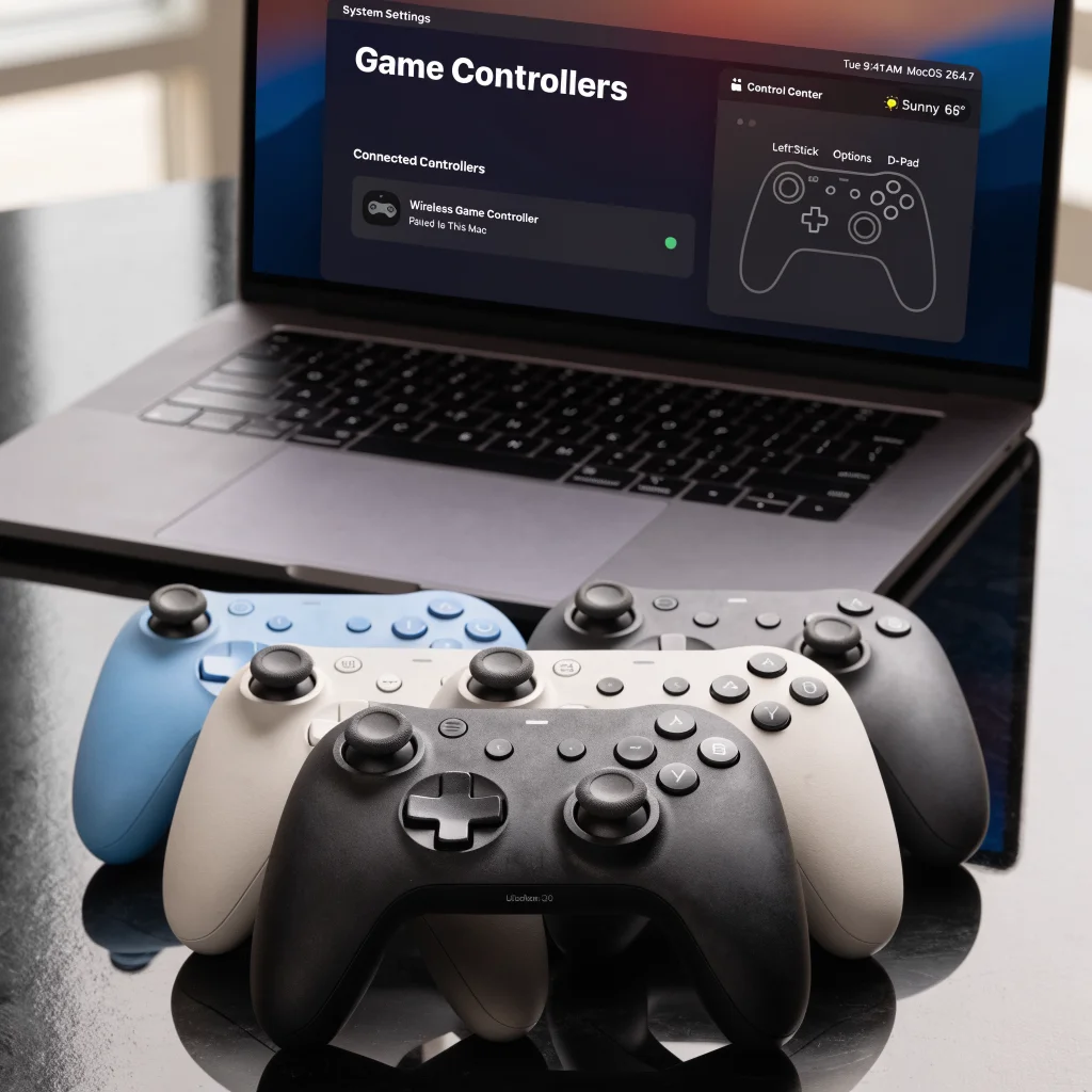 A close-up photo of Apple game controllers with haptic feedback, accelerometer, and gyroscope paired seamlessly to a Mac running macOS 26.7.