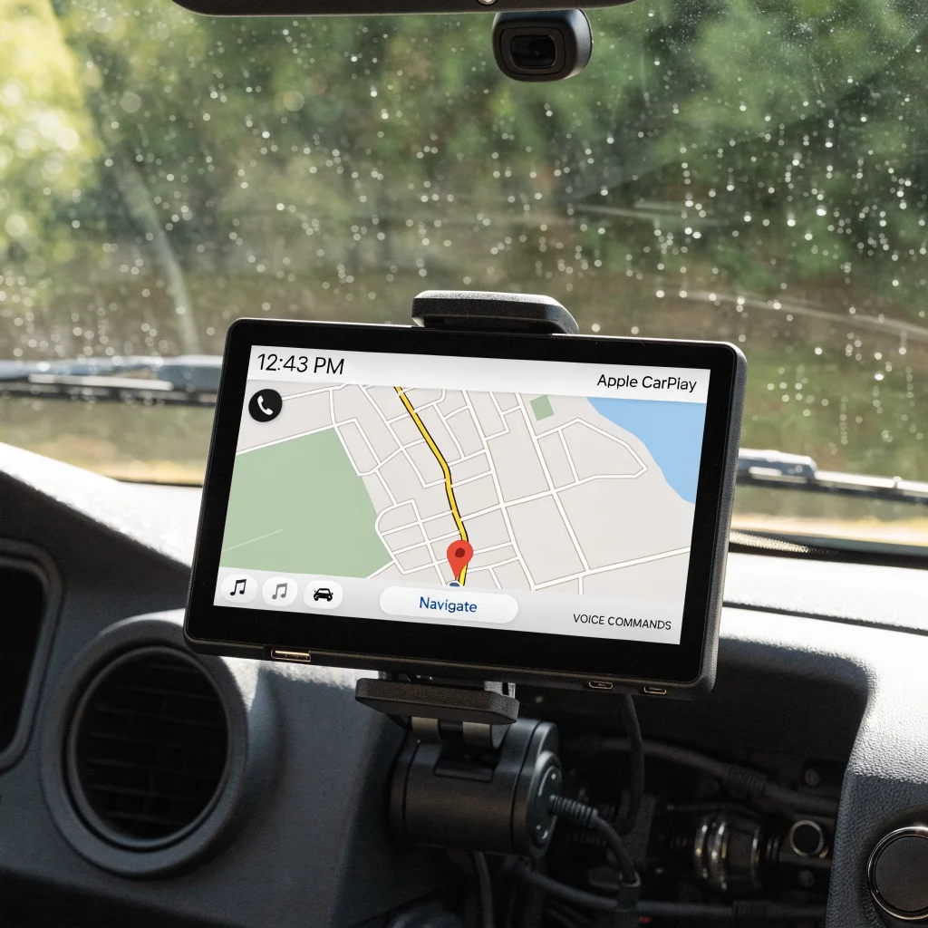 A close-up photo of a portable Apple CarPlay screen, 6 to 11 inches, showing a navigation route with 1280x720 resolution inside a non-standard vehicle.