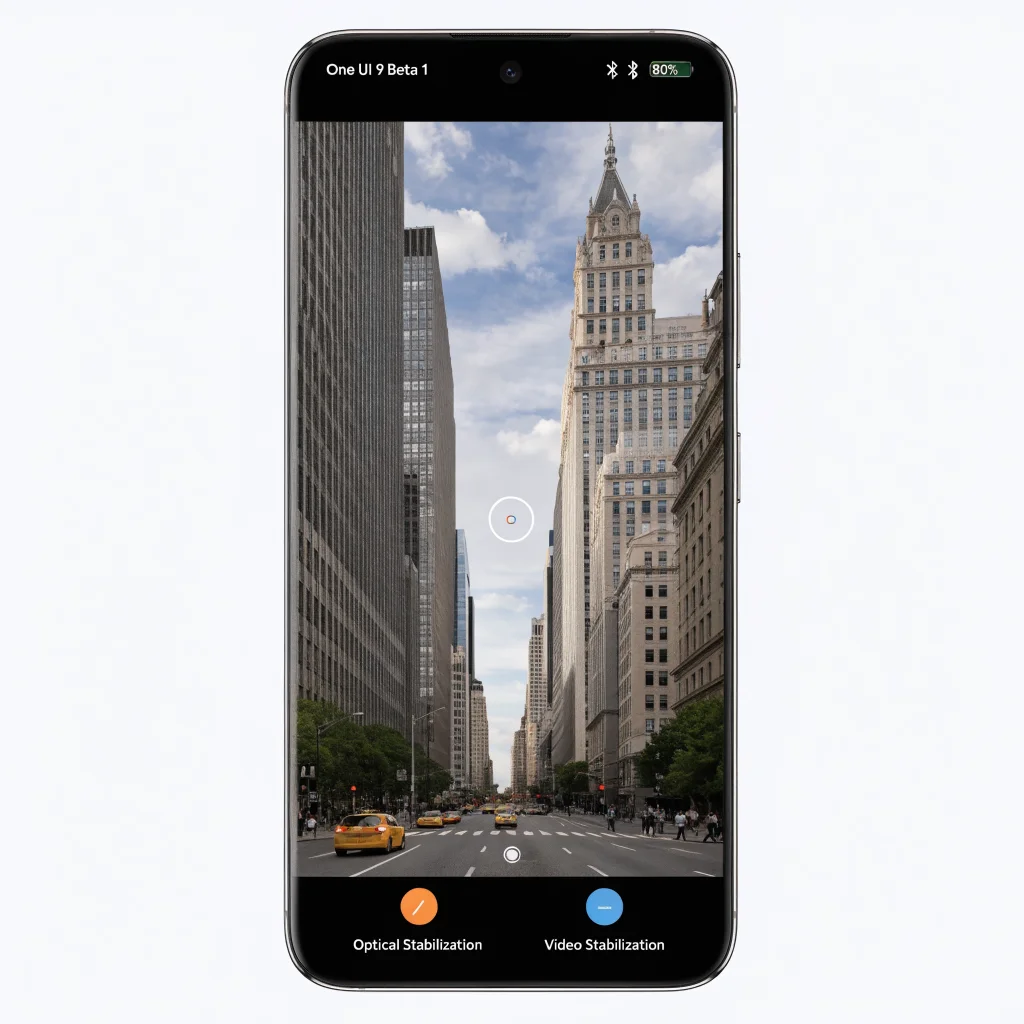 A close-up photo of a Samsung Galaxy S25 smartphone showing the camera app interface with optical image stabilization and video stabilization enabled on One UI 9 Beta 1.