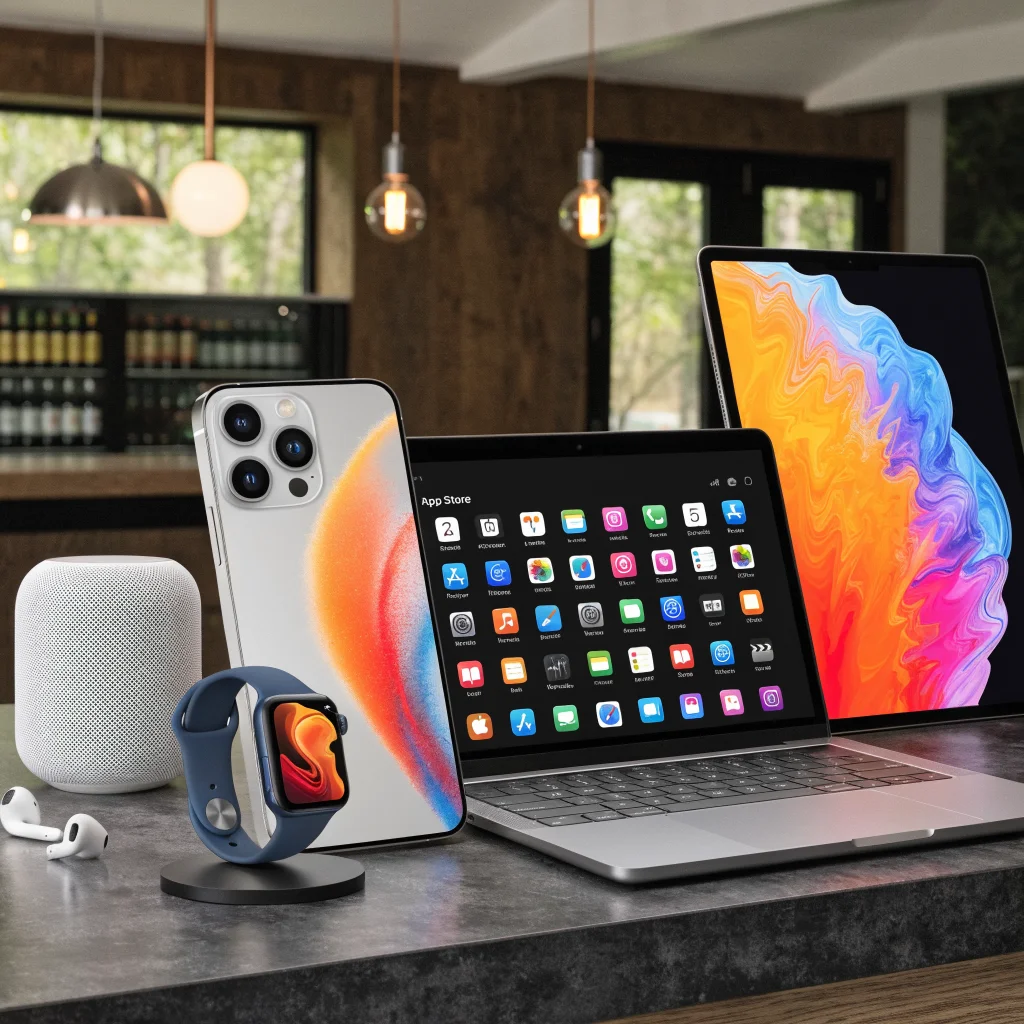 A realistic photo of the latest Apple devices including iPhone 17, MacBook Neo, Apple Watch Series 11, HomePod mini, AirPods, and iPad Pro displayed together with App Store on a screen.