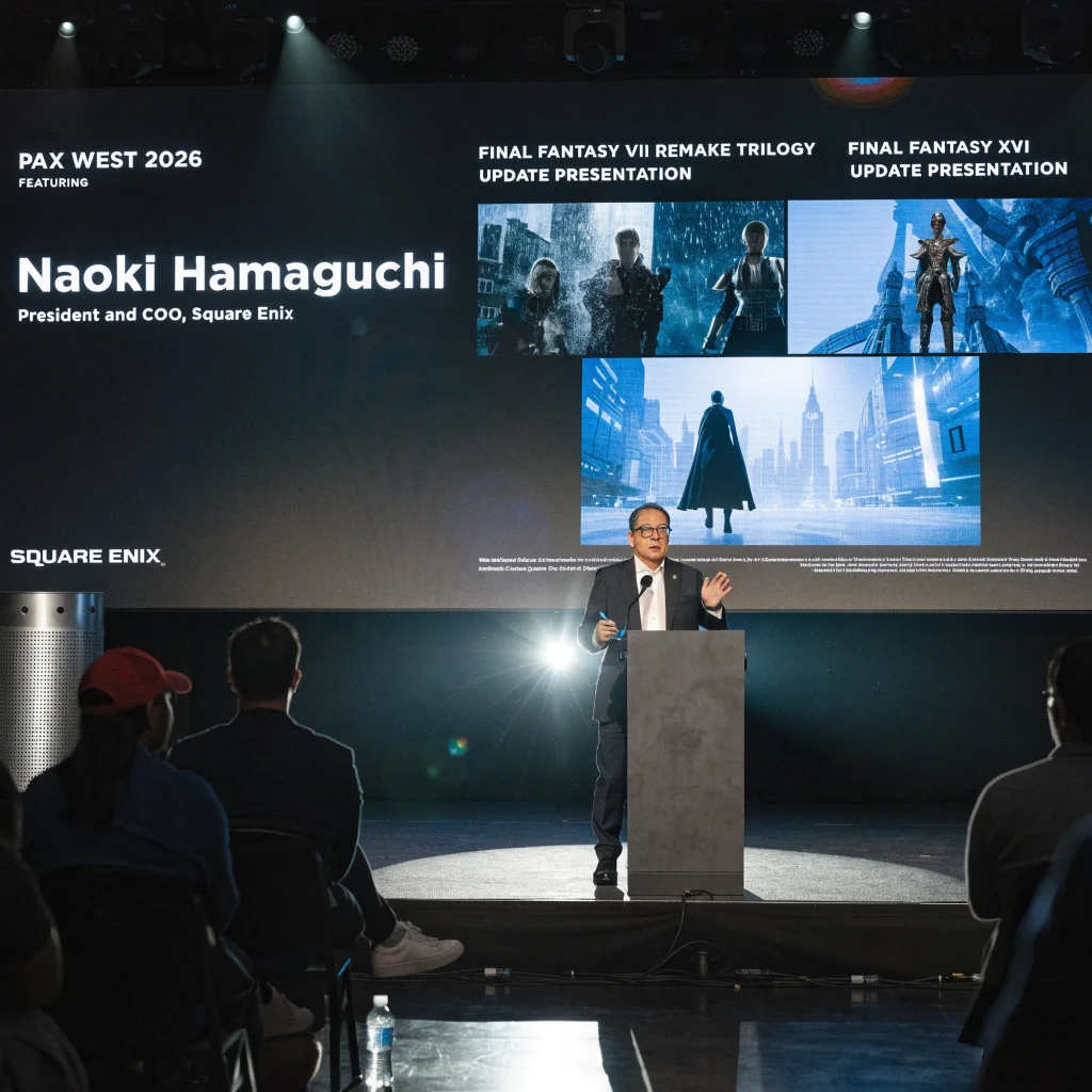 Realistic photo of Naoki Hamaguchi presenting the Final Fantasy 7 Remake trilogy and Final Fantasy 16 updates at PAX West 2026 for Square Enix RPG fans.