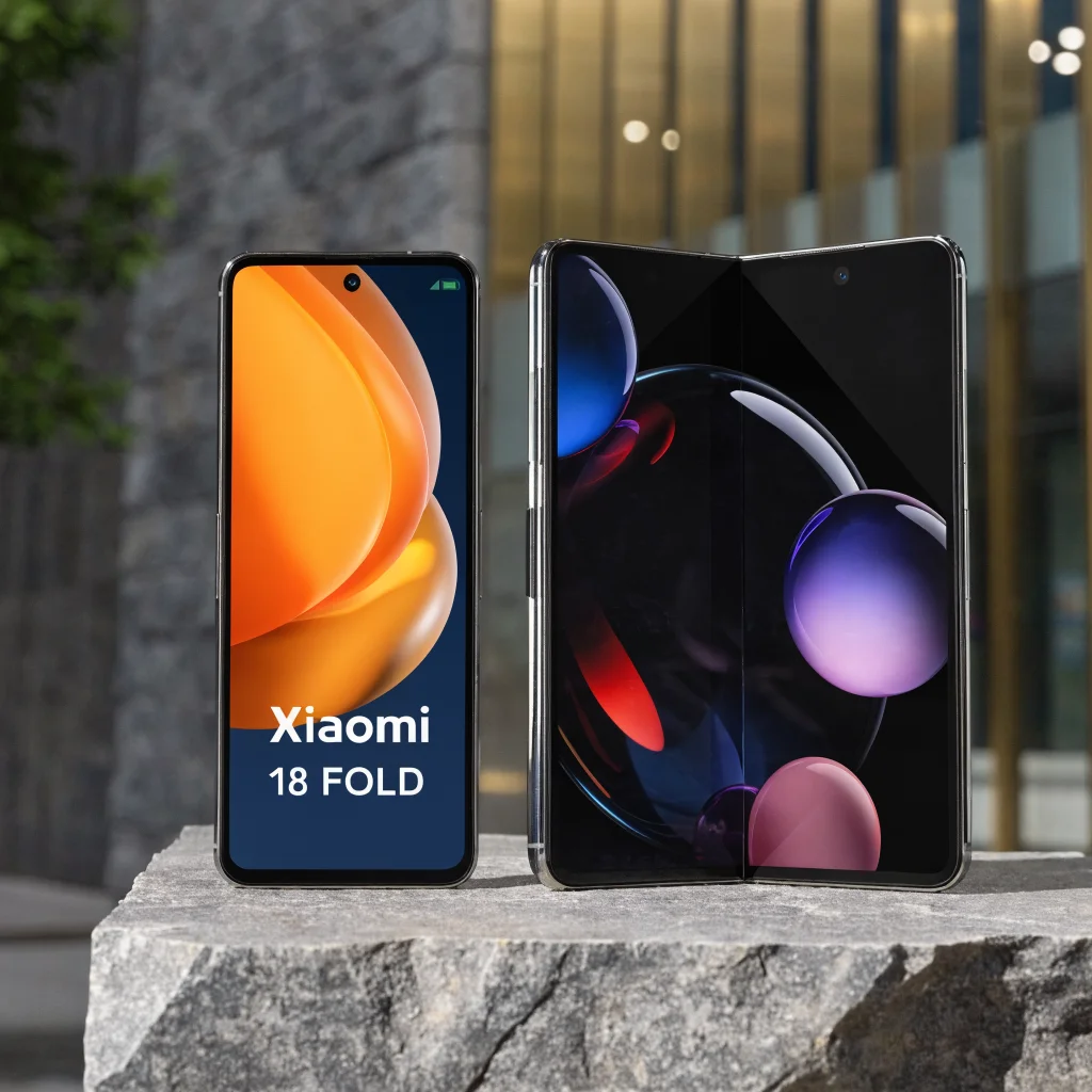 Realistic photo of the Xiaomi 18 Fold foldable smartphone showing its 7.58-inch wide internal display and 5.38-inch external screen side by side.